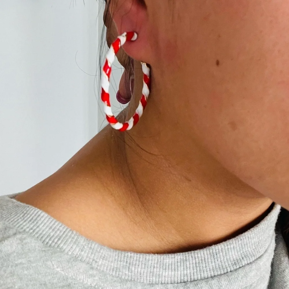 Candy cane stripe hoop earrings holiday red white NEW